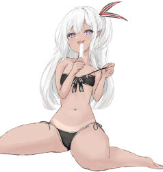  :p azur_lane bikini black_bikini breasts female food front-tie_bikini_top front-tie_top hair_between_eyes hair_ribbon highres holding holding_food holding_popsicle licking long_hair looking_at_viewer mumei_shumi navel popsicle purple_eyes ribbon side-tie_bikini_bottom side_ponytail sitting small_breasts smug solo spread_legs swimsuit tan tanlines teasing thighs tongue tongue_out u-31_(azur_lane) very_long_hair white_hair 