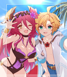  1boy :d ;d ahoge bare_shoulders blonde_hair blue_eyes blue_shorts breasts covered_navel dragalia_lost dragon_girl dragon_horns dragon_tail ekra euden female flower grey_nails hair_between_eyes hair_flower hair_ornament holding_another&#039;s_arm horns jacket large_breasts long_bangs long_hair looking_at_viewer mym_(dragalia_lost) navel oerba_yun_fang official_alternate_costume one-piece_swimsuit one_eye_closed open_clothes open_jacket open_mouth orange_eyes red_hair selfie short_hair shorts skin_fang smile swimsuit tail very_long_hair viewfinder white_jacket 