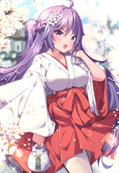  :d ahoge bag braid breasts cherry_blossoms collarbone commentary_request falling_petals female flower hair_flower hair_ornament hakama hakama_skirt highres hikotou_(sao73cat) holding holding_bag japanese_clothes kimono large_breasts long_hair looking_at_viewer miko open_mouth original petals purple_eyes purple_hair red_hakama skirt smile smug solo v-shaped_eyebrows very_long_hair white_kimono wide_sleeves 