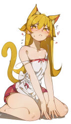  absurdres animal_ears bakemonogatari blonde_hair blush cat_ears cat_girl collarbone deko_morii dress female flustered flying_sweatdrops hands_on_ground heart highres kemonomimi_mode long_hair monogatari_(series) multicolored_clothes multicolored_dress no_bra on_ground oshino_shinobu red_dress simple_background sitting solo strap_slip thick_thighs thighs wariza white_background white_dress 