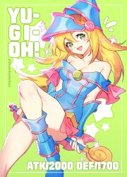  :d absurdres bare_shoulders blonde_hair blue_dress blue_footwear blue_hat blush_stickers boots breasts cleavage dark_magician_girl dress duel_monster female green_background green_eyes hair_between_eyes hat highres holding holding_staff long_hair looking_at_viewer off-shoulder_dress off_shoulder open_mouth silvercandy_gum smile solo staff star_(symbol) twitter_username wizard_hat yu-gi-oh! 