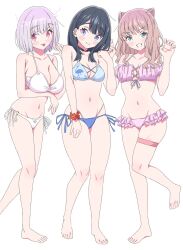  bikini black_hair blue_bikini blue_eyes blush breasts brown_hair frilled_bikini frills green_eyes gridman_universe gridman_universe_(film) highres large_breasts long_hair looking_at_viewer minami_yume official_alternate_costume purple_hair red_eyes scrunchie shinjou_akane sho_(shoshos_8888) short_hair swimsuit takarada_rikka thighs white_bikini wrist_scrunchie 