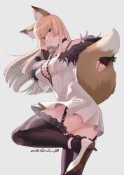  animal_ears bare_shoulders black_gloves black_thighhighs blonde_hair breasts cleavage dress female fingerless_gloves fox_ears fox_tail fur-trimmed_dress fur_trim garter_belt gloves grey_background high_heels highres large_breasts lili_(tekken) long_hair null_(nlmy) simple_background smile solo tail tekken tekken_8 thighhighs white_dress white_footwear 