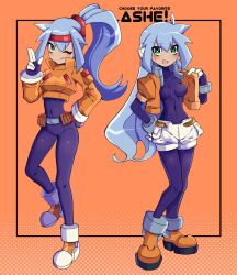  aile_(mega_man_zx) aile_(mega_man_zx)_(cosplay) alternate_hairstyle ashe_(mega_man) black_bodysuit blue_hair bodysuit bodysuit_under_clothes breasts cosplay cropped_jacket female full_body high_ponytail highres jacket koshianpancake light_blue_hair mega_man_(series) mega_man_zx mega_man_zx_advent multiple_views no_pants one_eye_closed orange_background orange_jacket robot_ears shorts small_breasts tongue tongue_out white_shorts 