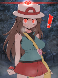  alpha_pokemon alternate_breast_size bag between_breasts black_wristband blush breasts bucket_hat female hair_flaps hat highres holding holding_poke_ball kurachi_mizuki large_breasts leaf_(pokemon) looking_at_viewer messenger_bag nature poke_ball pokemon pokemon_frlg red_eyes shirt shoulder_bag skirt sleeveless sleeveless_shirt smile strap_between_breasts 