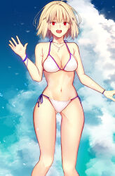  arcueid_brunestud bikini bird blonde_hair bracelet breasts cloud highres iro_(sekaixiro) jewelry large_breasts medium_hair necklace red_eyes sky swimsuit thigh_gap tsukihime waving white_bikini 