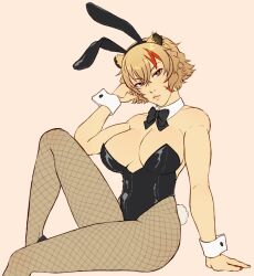  animal_ear_headwear animal_ears arm_cuffs black_bow black_bowtie black_leotard bow bowtie breasts brown_eyes brown_hair collar commentary detached_collar english_commentary fake_animal_ears female fishnet_pantyhose fishnets furuyawn genderswap_(mtf) highres large_breasts leobel_purson leotard lion_ears lips multicolored_hair nexas_(vtuber) orange_background pantyhose playboy_bunny rabbit_ears rabbit_tail red_hair rule_63 solo streaked_hair tail two-tone_hair virtual_youtuber white_collar 