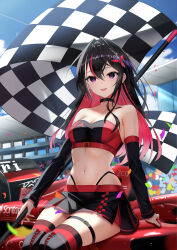  absurdres alternate_costume azki_(hololive) black_choker black_hair black_skirt boots breasts car checkered_flag choker colored_inner_hair confetti detached_sleeves female ferrari flag formula_racer highres hololive long_hair medium_breasts midriff miniskirt motor_vehicle multicolored_hair navel on_vehicle panty_straps pink_hair pleated_skirt purple_eyes race_flag race_queen race_vehicle racecar red_nails sitting_on_car skirt telu_(teluscarlet) thigh_boots thigh_strap virtual_youtuber 