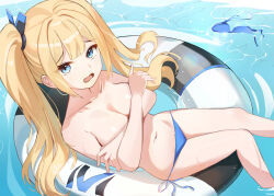  absurdres alternate_costume bikini blonde_hair blue_bikini blue_eyes breasts collarbone covering_breasts covering_privates cpcp embarrassed female goddess_of_victory:_nikke highres innertube laplace_(nikke) looking_at_viewer medium_breasts navel side-tie_bikini_bottom swim_ring swimsuit topless twintails 