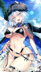  between_breasts bikini black_bikini black_coat black_hat black_jacket black_nail blue_eyes blue_necktie blue_sky blush bracelet breasts cleavage coat dobrynya_nikitich_(fate) fate/grand_order fate_(series) female fur-trimmed_headwear fur_trim hat highres jacket jewelry large_breasts long_hair looking_at_viewer murasaki_yuna navel necktie necktie_between_breasts oerba_yun_fang open_mouth outdoors sky smile solo swimsuit thigh_strap untying water white_hair 