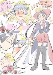  2boys :d ascot black_footwear black_hair black_jacket blonde_hair blush boots cape cardcaptor_sakura cavalier_hat closed_eyes closed_mouth cosplay crossdressing crown drill_hair flower gem grey_hair hair_ribbon hat highres holding holding_sword holding_weapon houjou_tokiyuki_(nige_jouzu_no_wakagimi) imminent_kiss jacket kannsya_is kinomoto_sakura kinomoto_sakura_(cosplay) kinomoto_sakura_(prince_costume) long_hair long_sleeves low-tied_long_hair male_focus multiple_boys multiple_views nezu_kojirou nige_jouzu_no_wakagimi nose_blush open_mouth parted_bangs parted_lips pink_ribbon ponytail prince puffy_shorts puffy_sleeves purple_eyes red_cape ribbon rose shorts shout_lines sidelocks_tied_back simple_background smile sparkle speech_bubble sweatdrop sword thigh_boots upper_body v-shaped_eyebrows very_long_hair weapon white_background wig yaoi 