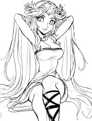  arms_behind_head breasts diadem dress female highres kid_icarus kid_icarus_uprising long_hair monochrome palutena single_thighhigh sitting solo strapless strapless_dress teevo thighhighs very_long_hair 