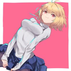  ahoge arcueid_brunestud auru_t black_pantyhose blue_skirt border breasts cowboy_shot female jewelry large_breasts pantyhose pendant pink_background pleated_skirt red_eyes short_hair simple_background skirt solo sweater tsukihime tsukihime_(remake) white_border white_sweater 