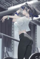  absurdres aqua_wristband ass black_hair black_pants blue_hair blunt_ends blurry blurry_background blush bracelet breasts colored_inner_hair commentary crop_top crop_top_overhang cross-body_stretch curvy exercising female from_side gold_bracelet highres hololive hololive_english indoors jewelry large_breasts multicolored_hair ouro_kronii pants profile shirt short_hair sideways_glance solo stretching sweat toripisu twitter_username two-tone_hair virtual_youtuber warming white_shirt wide_hips yoga_pants 