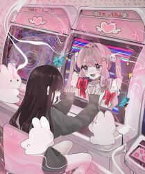  2girls arcade_cabinet black_hair blue_butterfly bow bug butterfly commentary_request hair_ornament hanataro_(sruvhqkehy1zied) heart heart_hair_ornament long_hair long_sleeves looking_at_another multiple_girls oerba_yun_fang open_mouth original pink_bow pink_eyes pink_hair rabbit_hair_ornament red_bow sleeves_past_wrists sparkle stuffed_animal stuffed_rabbit stuffed_toy sweatdrop twintails 