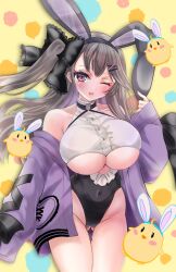  ;d animal_ears ass_visible_through_thighs azur_lane bare_shoulders black_bow black_hairband blush bow breasts brown_hair clothes_pull clothing_cutout covered_navel fake_animal_ears female groin hair_between_eyes hair_ornament hairband hairbow hairclip hand_up highres hip_focus huge_breasts jacket jacket_pull large_breasts long_hair looking_at_viewer mupo off_shoulder one_eye_closed open_clothes open_jacket pamiat_merkuria_(azur_lane) pink_eyes purple_jacket rabbit_ears revealing_clothes side_ponytail skin_tight smile solo thigh_gap thighs two-tone_leotard underboob_cutout very_long_hair x_hair_ornament 