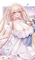  anchorage_(azur_lane) anchorage_(oath_of_sunsets_and_fireworks)_(azur_lane) azur_lane banchiyuebai bouquet breasts bride choker cleavage dress female flower hair_flower hair_ornament highres large_breasts long_hair looking_at_viewer off-shoulder_dress off_shoulder official_alternate_costume open_mouth red_eyes solo twintails wedding_dress white_choker white_dress white_flower 