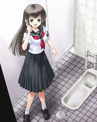  00s bathroom brown_eyes brown_hair cellphone long_hair ohyuki phone rule_63 school_uniform serafuku socks squat_toilet stall toilet 