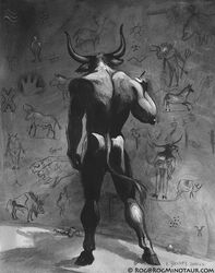  2000 anthro ass biped bovid bovine cattle cave_painting copyright_symbol drawing drawing_in_a_drawing drawing_on_wall email european_mythology genitals graffiti greek_mythology greyscale hooves horn male mammal manly minotaur monochrome muscular muscular_anthro muscular_male mythology nude penis penis_tip rog_minotaur signature solo symbol text url year 