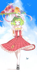  ascot bird bug butterfly checkered_clothes checkered_skirt closed_eyes cloud commentary_request dress female flower flower_umbrella green_hair highres kazami_yuuka mary_janes pantyhose parasol plaid reeh_(yukuri130) shoes short_sleeves skirt sky smile solo touhou umbrella vest walking white_pantyhose 