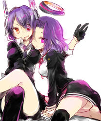  2girls bad_id bad_pixiv_id black_legwear blush breasts crossed_legs dress eyepatch fingerless_gloves gloves halo headgear highres kantai_collection large_breasts looking_at_viewer mechanical_halo miyu_(matsunohara) multiple_girls one_eye_closed open_mouth purple_eyes purple_hair school_uniform short_dress short_hair single_thighhigh sitting skirt smile tatsuta_(kancolle) tenryuu_(kancolle) thighhighs yellow_eyes 