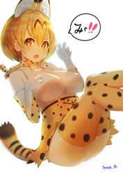  animal_ears ass blonde_hair breasts cross-laced_clothes elbow_gloves fur_collar gloves hair_between_eyes high-waist_skirt kemono_friends large_breasts panties rak_(kuraga) serval_(kemono_friends) serval_ears serval_print serval_tail shirt short_hair signature skirt sleeveless sleeveless_shirt solo striped_tail tail thighhighs thighs underwear white_panties yellow_eyes 