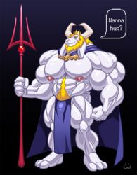  abs anthro asgore_dreemurr beard biceps big_muscles body_hair boss_monster_(undertale) bovid caprine clothed clothing facial_hair happy_trail hi_res horn huge_muscles hyper hyper_muscles male mammal mature_anthro mature_male melee_weapon muscular muscular_anthro muscular_male nipples pecs polearm pubes simple_background solo text topless trident undertale undertale_(series) weapon wolfiecanem 