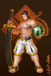  1boy abs alternate_costume artist_name bara braid brown_hair commentary_request dated facial_mark food fruit full_body highres long_hair lrpanda00 male_focus male_swimwear muscular muscular_male navel photoshop_(medium) sandals shigure_rangetsu solo swim_trunks sword tales_of_(series) tales_of_berseria topless_male watermelon weapon white_male_swimwear yellow_eyes 