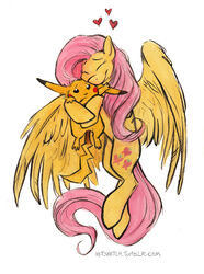  2015 big_wings crossover duo equid equine feathered_wings feathers female feral fluttershy_(mlp) flying friendship_is_magic fur generation_1_pokemon hasbro heart_symbol help_me kenket mammal my_little_pony mythological_creature mythological_equine mythology nintendo pegasus pikachu pokemon pokemon_(species) rodent simple_background traditional_media_(artwork) wings yellow_body yellow_fur 