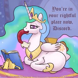  1:1 alicorn ambiguous_gender book bulge chimera digital_media_(artwork) discord_(mlp) draconequus duo english_text equid equine feathered_wings feathers female feral friendship_is_magic hasbro hi_res horn implied_permanent mammal my_little_pony mythological_creature mythological_equine mythology permanent princess_celestia_(mlp) reading smudge_proof solo_focus stomach_bulge text vore white_body white_feathers wings 