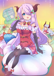  black_gloves black_pantyhose blue_bow blue_eyes blue_ribbon blush bow breasts cleavage commentary_request doll draph eahta_(granblue_fantasy) elbow_gloves female gift gloves granblue_fantasy hair_ornament high_heels holly horns large_breasts long_hair narmaya_(granblue_fantasy) negiko open_mouth pantyhose purple_hair red_bow ribbon santa_costume solo star_(symbol) star_hair_ornament teeth 