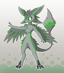  2022 3_fingers 3_toes 4_ears aaron_(avali) absurd_res anthro avali avian biped black_claws black_outline black_scutes chest_tuft claws countershade_feathers countershading digital_media_(artwork) digitigrade feathered_wings feathers featureless_crotch feet fingers full-length_portrait green_background green_body green_eyes green_feathers green_sclera green_stripes green_tail_feathers grey_arms grey_background grey_body grey_chest grey_ears grey_feathers grey_feet grey_hands grey_head grey_inner_ear grey_legs grey_neck grey_tail grey_tail_feathers grey_tail_tuft grey_toes grey_torso grey_wings hi_res long_ears male male_(lore) male_anthro multi_ear multicolored_body multicolored_feathers mutsomuno nude nude_anthro nude_male outer_highlight outline portrait scutes simple_background slim solo standing stripes tail tail_feathers tail_tuft toes tuft two_tone_body two_tone_feathers white_background white_outline winged_arms wings 