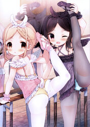  2girls absurdres artbook back ballerina ballet ballet_dress ballet_slippers barre black_hair black_legwear blonde_hair dance_studio dengeki_moeou flexible forehead highres leg_lift leotard leotard_peek lolicon looking_back mint_midoriha mirror multiple_girls pantyhose reflection scan split standing standing_on_one_leg standing_split stretching training white_legwear 