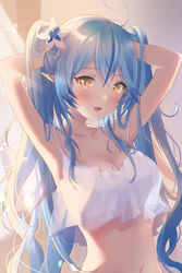  ahoge armpits arms_up backlighting blue_hair bra braid breasts cleavage collarbone colored_tips day female flower hair_flower hair_ornament half_updo hands_in_hair highres hololive indoors large_breasts lingerie long_hair looking_at_viewer midriff morning multicolored_hair navel oerba_yun_fang open_mouth pointy_ears ringlets side_braid solo sosuke_(yrmon) streaked_hair teddy_(lingerie) twintails underwear upper_body very_long_hair virtual_youtuber white_bra yellow_eyes yukihana_lamy 