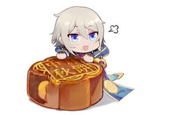  1boy blue_eyes chibi chinese_clothes commentary_request csyday fate/grand_order fate_(series) food food_on_face grey_hair hair_between_eyes male_focus mooncake no_mask prince_of_lan_ling_(fate) solo 