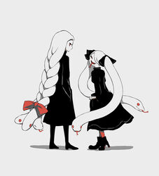  2girls :d absurdres avogado6 black_bow black_dress black_footwear bow braid closed_eyes commentary dress english_commentary facing_back facing_viewer fangs forked_tongue from_behind hairbow hands_in_pockets high_heels highres long_hair long_sleeves looking_at_viewer looking_back multiple_girls no_mouth open_mouth original red_bow red_eyes simple_background single_braid smile snake_hair standing tongue tongue_out twintails very_long_hair white_background white_hair 