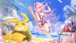  &gt;_&lt; 2girls ahoge beach beach_umbrella blue_sky breasts casual_one-piece_swimsuit cleavage closed_mouth cloud cloudy_sky crystal csyday doll elf elysia_(honkai_impact) food fruit full_body grin hair_ornament highres holding holding_sheath holding_sword holding_weapon homu_(honkai_impact) honkai_(series) honkai_impact_3rd katana long_hair looking_at_viewer loot_box multiple_girls one-piece_swimsuit outdoors palm_tree pink_eyes pink_hair pink_one-piece_swimsuit pointy_ears purple_eyes purple_hair raiden_mei raiden_mei_(herrscher_of_thunder) sand sharp_teeth sheath sky smile swimsuit sword teeth thighs tongue tongue_out tree umbrella v-shaped_eyebrows very_long_hair water watermelon weapon 