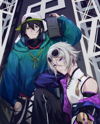  2boys alternate_costume baseball_cap black_hair blue_eyes boombox chinese_clothes commentary_request contemporary csyday eyewear_on_head fate/grand_order fate_(series) green_eyes grey_hair hair_between_eyes hat holding_boombox hood hoodie long_hair male_focus multiple_boys off_shoulder ponytail prince_of_lan_ling_(fate) sunglasses yan_qing_(fate) 