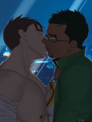  2boys bara bare_pectorals black_hair couple dark-skinned_male dark_skin facial_hair from_side glasses goatee green_hair green_shirt highres interracial jashin_doruton kissing kyoichi_(live_a_hero) large_pectorals live_a_hero male_focus male_protagonist_(live_a_hero) multicolored_hair multiple_boys muscular muscular_male nipples open_clothes open_shirt pectoral_docking pectoral_press pectorals shirt short_hair sideburns streaked_hair upper_body whistle whistle_around_neck yaoi 