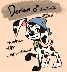  101_dalmatian_street 101_dalmatians 2020 3_toes bandana black_body black_fur black_nose black_spots blue_bandanna blue_clothing blue_headwear blue_kerchief brown_eyes canid canine canis clothing collar dalmatian disney domestic_dog dorian_dalmatian english_text feet feral floppy_ears fur gender_symbol headgear headwear kerchief looking_away looking_up male male_symbol mammal markings model_sheet mostly_nude pink_inner_ear quadruped raised_leg short_tail solo soulcentinel spots spotted_body spotted_fur standing symbol tail text toes white_body white_fur yellow_collar 