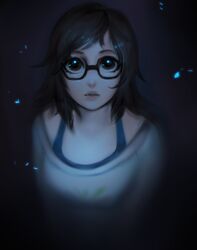  black-framed_eyewear black_hair blue_bra bra brown_eyes female glasses highres long_hair looking_at_viewer matilda_fiship mei_(overwatch) overwatch parted_lips shirt solo underwear upper_body white_shirt 