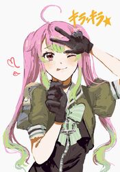  :p ahoge black_choker black_gloves bow bowtie choker female gloves green_bow green_bowtie green_hair grey_background heart highres kantai_collection long_hair momo_(kancolle) multicolored_hair nidou one-hour_drawing_challenge one_eye_closed pink_hair red_eyes sailor_collar school_uniform serafuku short_sleeves simple_background solo tongue tongue_out twintails v 