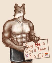  abs anthro biceps blue_eyes brown_body brown_fur canid canine canis clothed clothing cross cross_necklace digital_media_(artwork) digital_painting_(artwork) domestic_dog english_text eyebrows fur handwritten_text hate hate_art holding_object homophobia jewelry lgbt_pride looking_at_viewer male mammal muscular muscular_male necklace pecs politics portrait pride_colors rainbow_pride_colors reynard_goodfellow shirtless sign simple_background six-stripe_rainbow_pride_colors smile solo text three-quarter_portrait topless topless_male transgender_pride_colors transphobia 