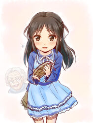  2girls :d apron bow brown_eyes brown_hair commentary_request cookie_clicker crossover food grandma_(cookie_clicker) grey_hair hairbow half_updo idolmaster idolmaster_cinderella_girls long_hair multiple_girls naoharu_(re_barna) old old_woman open_mouth photoshop_(medium) skirt smile tachibana_arisu wrinkled_skin 