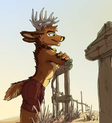  against_fence against_surface anthro antlers beach bell black_nose bottomwear brown_body brown_fur bulge clothed clothing collar deer fence fur furgonomics green_eyes hi_res horn male mammal open_mouth outside seaside shorts smile solo tirrel tirrel_(tirrel) tongue topless 