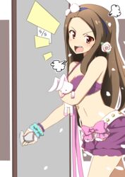  angry bracelet brown_hair cherry_blossoms commentary_request female flower hairband heart idolmaster idolmaster_(classic) jewelry long_hair midriff minase_iori mushiboy navel open_mouth petite red_eyes ribbon solo stuffed_animal stuffed_rabbit stuffed_toy swimsuit usa-chan_(idolmaster) 