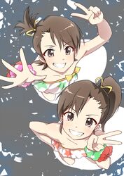  2girls bracelet brown_eyes brown_hair commentary_request dress flower from_above futami_ami futami_mami grin hair_ribbon idolmaster idolmaster_(classic) jewelry looking_at_viewer multiple_girls mushiboy ponytail ribbon siblings side_ponytail sisters smile strapless strapless_dress twins v 