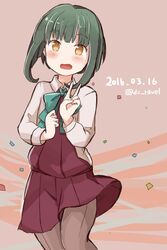  anniversary bad_id bad_twitter_id blouse blush bow bowtie brown_eyes commentary_request confetti dated dress female green_hair kantai_collection open_mouth pantyhose riz_(ravel_dc) shirt short_hair sleeveless sleeveless_dress solo takanami_(kancolle) twitter_username v white_shirt 