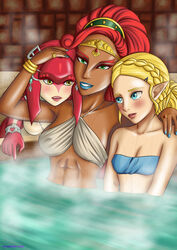  3girls alternate_version_available bikini female female_only gerudo hot_spring hylian mipha multiple_girls princess_zelda the_legend_of_zelda the_legend_of_zelda:_breath_of_the_wild urbosa yrya-chan zelda_(breath_of_the_wild) zora 