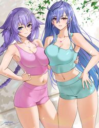  2girls blue_eyes breast_press breast_squish clothed earrings exposed_midriff female female_only iris_heart large_breasts leaves midriff necklace neptune_(neptunia) neptunia_(series) plutia purple_hair purple_heart red_eyes sendrawz short_shorts shorts sportswear tank_top twintails 